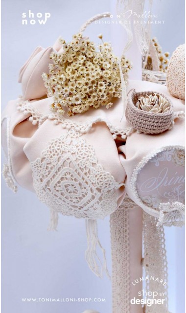 Lumanare de botez cu dantela bumbac crem si flori uscate Chic Flower 5